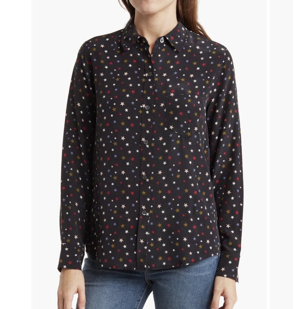 Rails Kate Blouse Womens Size L Black Rainbow Stars 100% Silk Button Long Sleeve